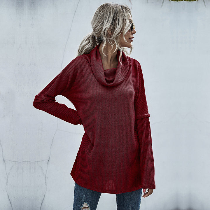 Women's Ribbed Fine Knit Long Sleeve with Roll Neck, Side Slits and Extended Back Mune Fashion
