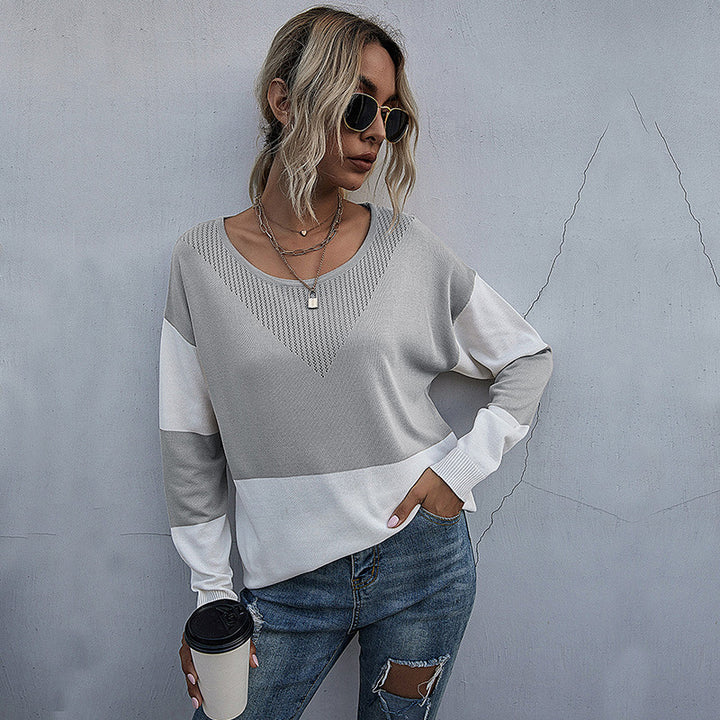 Women's Casual Knitted Sweater with V-Neck and Color Block Mune Fashion