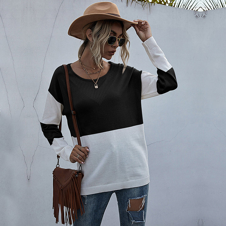 Women's Casual Knitted Sweater with V-Neck and Color Block Mune Fashion