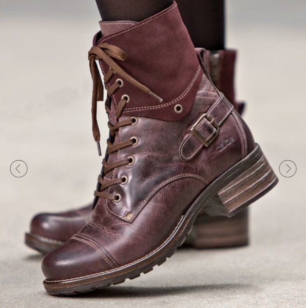 Women ankle-high lace-up boots with suede collar, decorative buckle and cushioning tread sole Mune Fashion