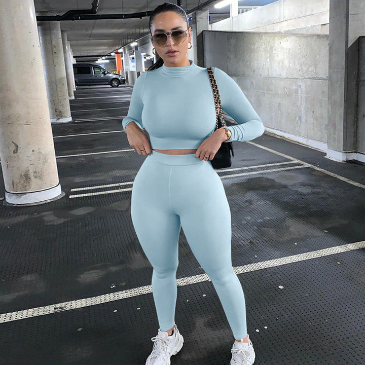 Women's Fitted Sports Two-Piece Set with Long Sleeve Crop Top and High Waisted Leggings Mune Fashion