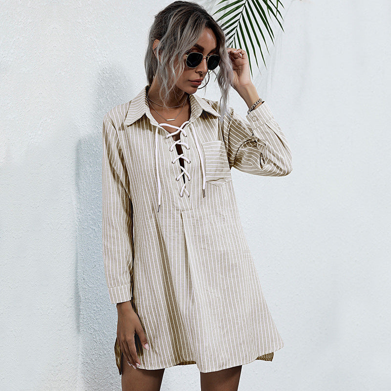 Women Casual Shirt Dress with Lacing Mune Fashion