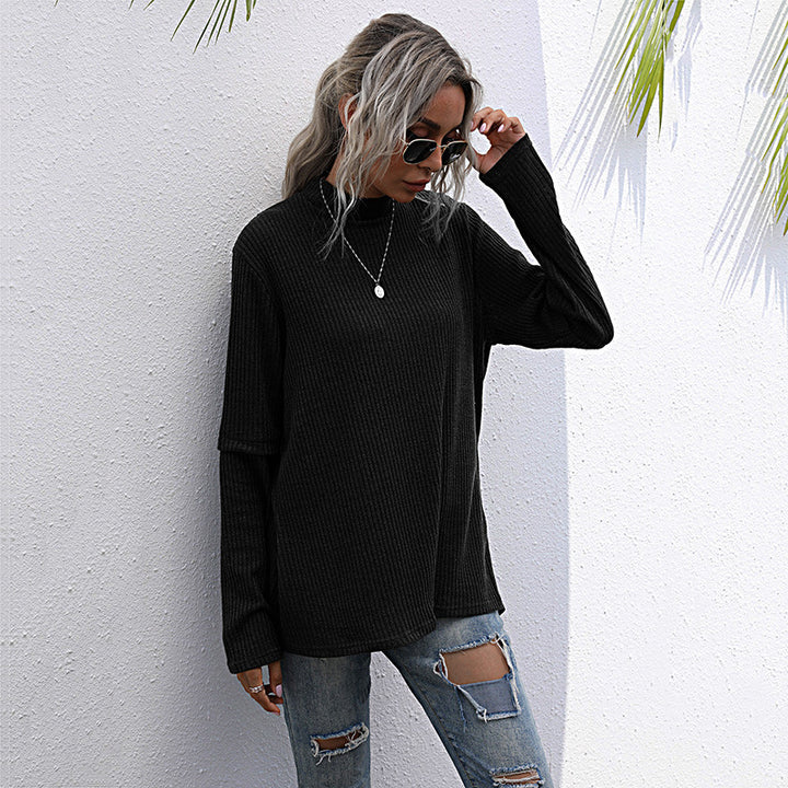 Women Oversize Waffle Knit Sweater with Stand-up Collar and Extended Sleeves Mune Fashion