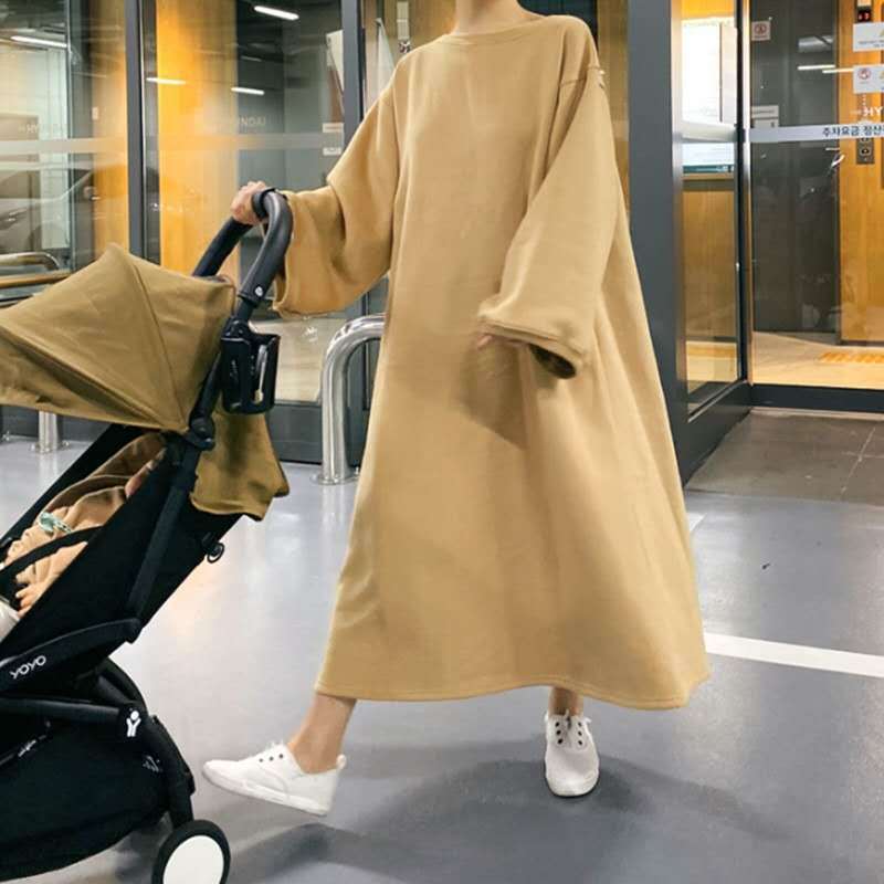Women's Oversized Sweat Dress with Balloon Sleeves and Maxi Length Mune Fashion