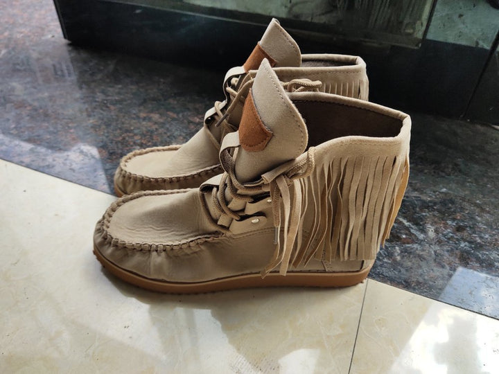 Women's Moccasin-Ankle Boot with Fringe, Lacing and Padded Comfort Footbed Mune Fashion