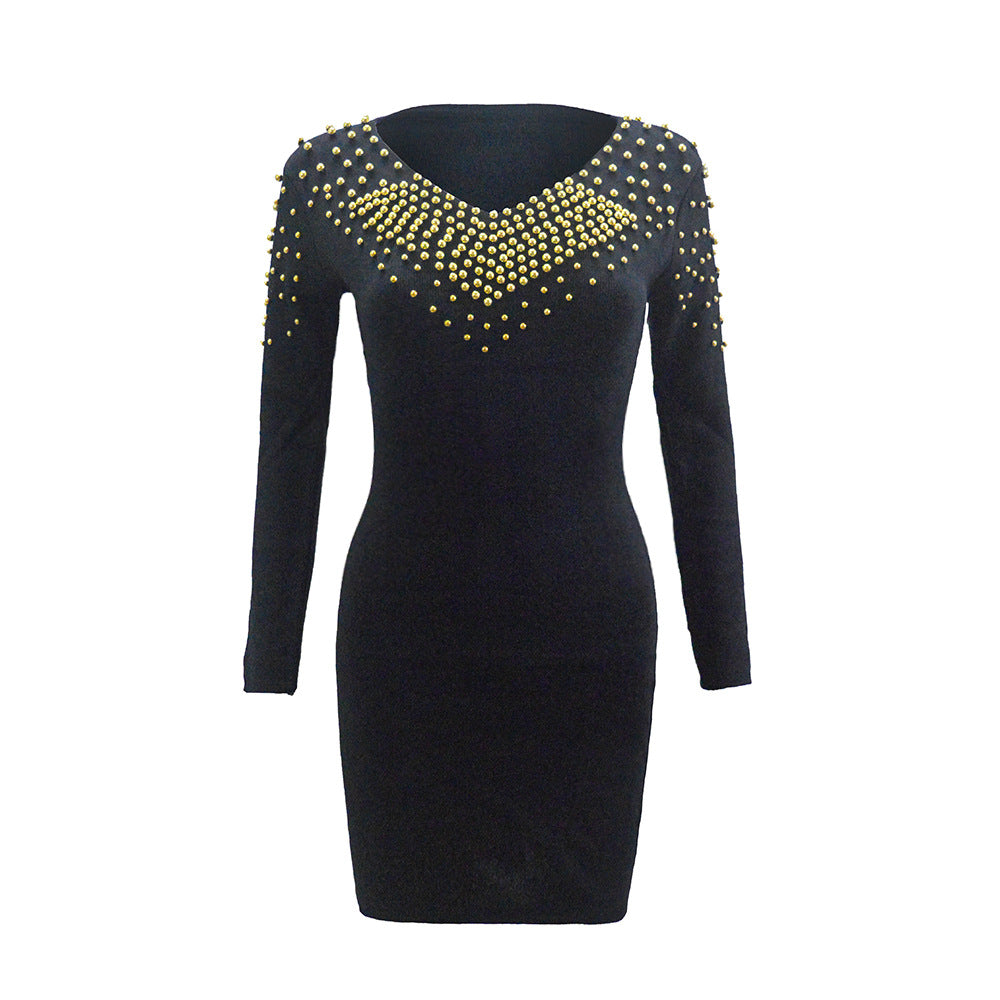 Ladies Figure-Hugging Stretch Mini Dress with V-Neck and Studded Trim Mune Fashion