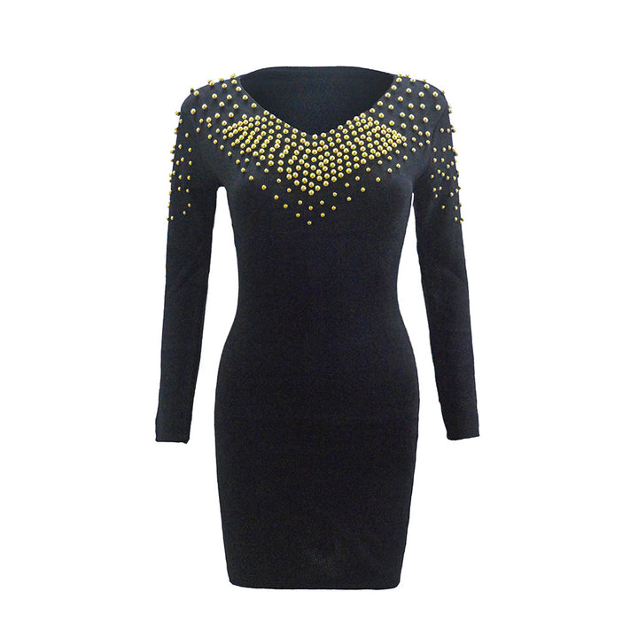 Ladies Figure-Hugging Stretch Mini Dress with V-Neck and Studded Trim Mune Fashion