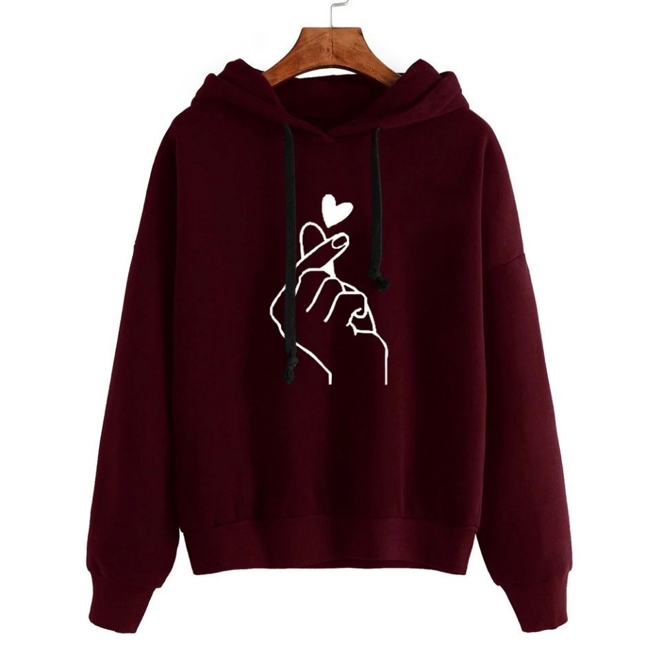 Women Oversized Hoodie with Finger Heart Print and Drawstring Mune Fashion