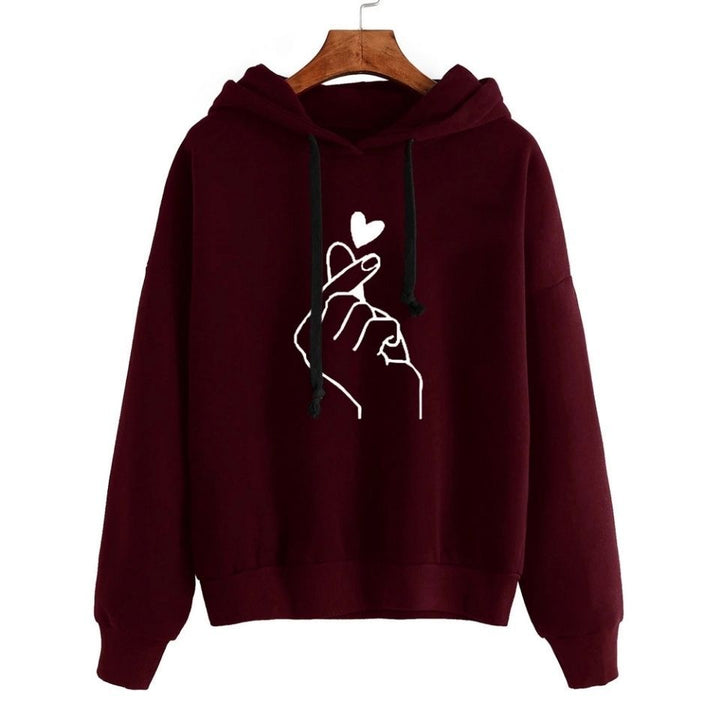 Women Oversized Hoodie with Finger Heart Print and Drawstring Mune Fashion
