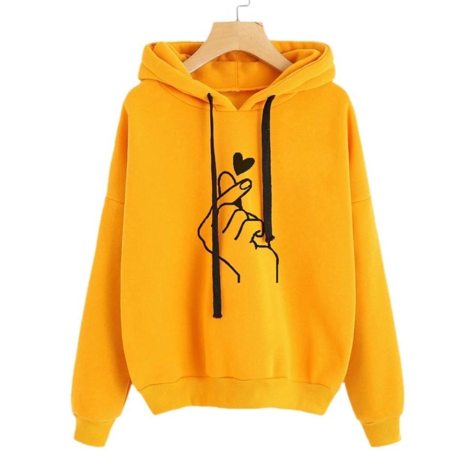 Women Oversized Hoodie with Finger Heart Print and Drawstring Mune Fashion