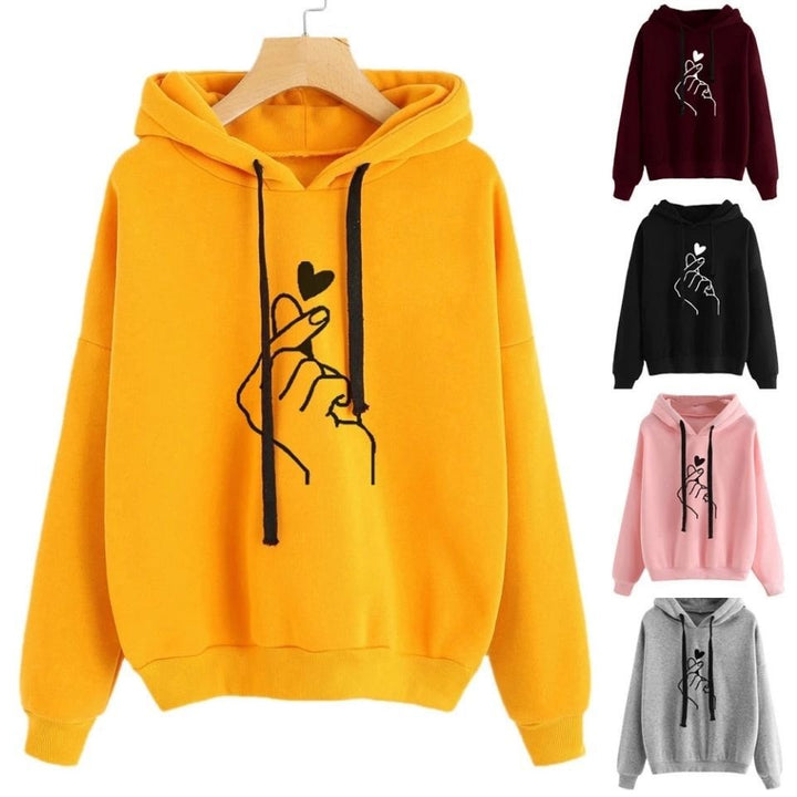 Women Oversized Hoodie with Finger Heart Print and Drawstring Mune Fashion