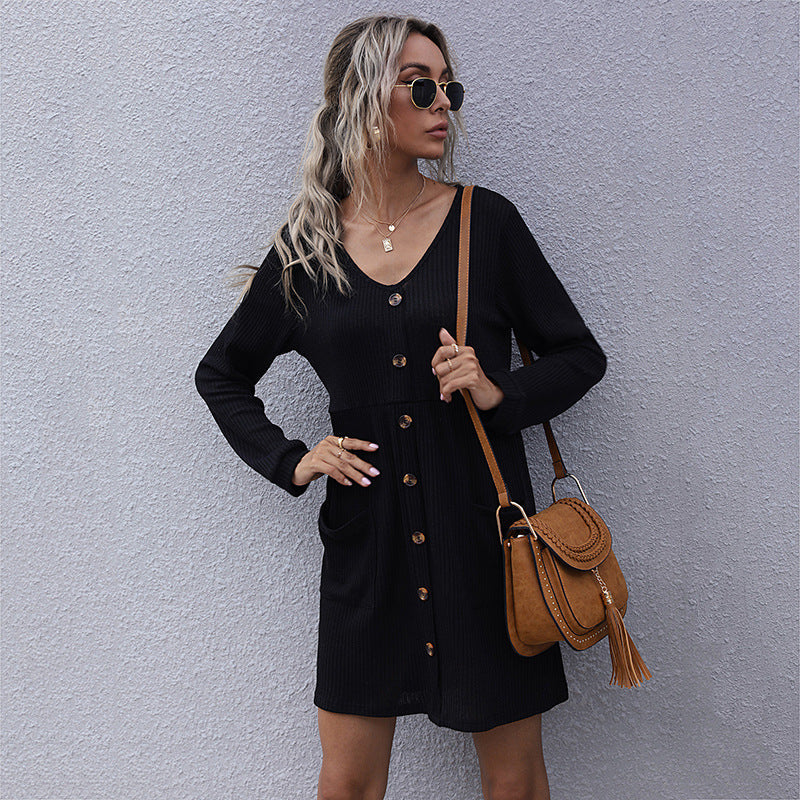 Women Ribbed Knit Dress with V-Neck, Button Placket and Patch Pockets Mune Fashion