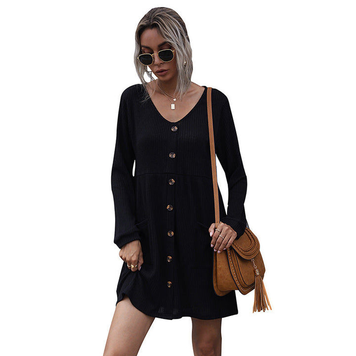Women Ribbed Knit Dress with V-Neck, Button Placket and Patch Pockets Mune Fashion