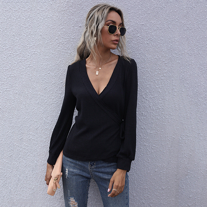 Women's Tailored Rib Wrap Sweater with V-Neck and Decorative Knot Mune Fashion
