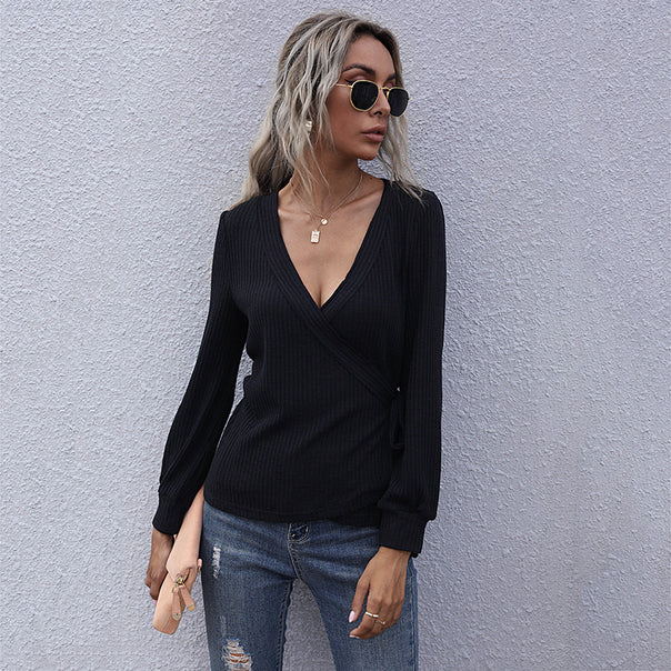 Women's Tailored Rib Wrap Sweater with V-Neck and Decorative Knot Mune Fashion