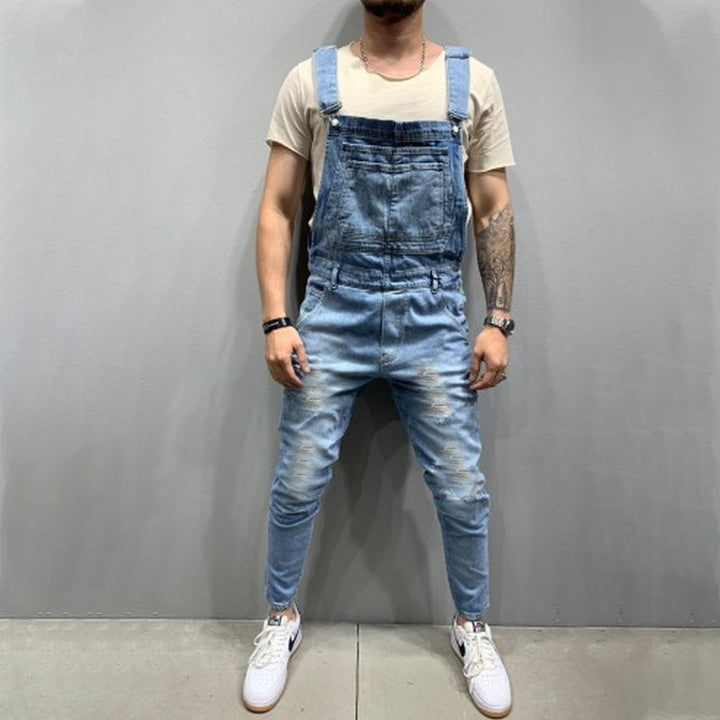 Men's denim overalls with destroyed details