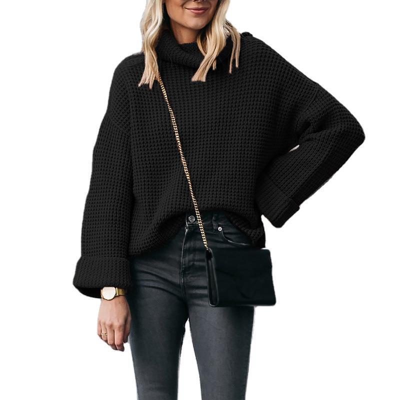 Ladies chunky knit turtleneck sweater with wide oversized cut and folded sleeves Mune Fashion