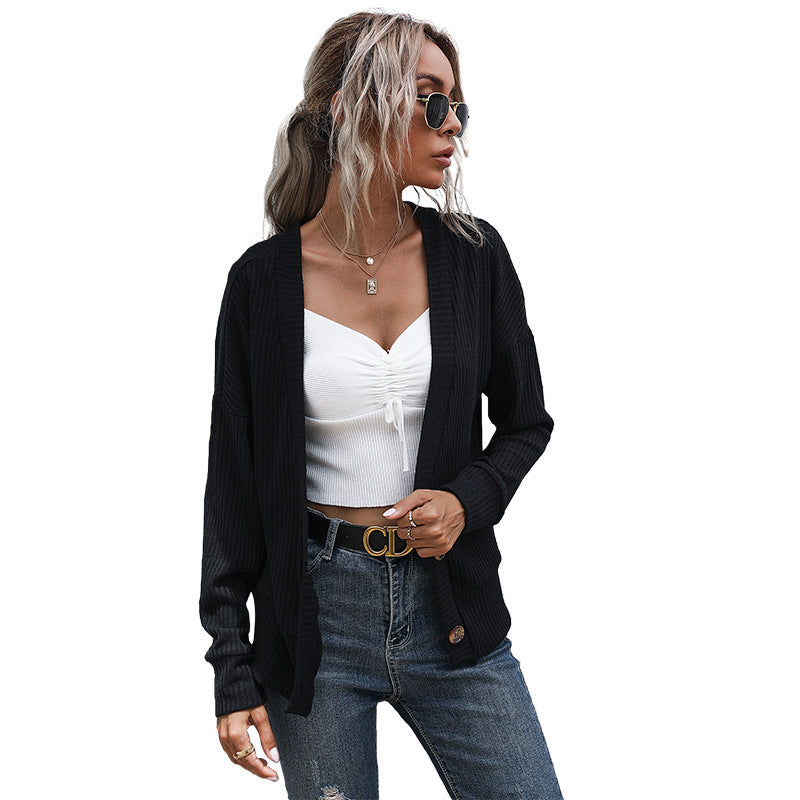 Women's Open Fine Knit Cardigan with Rib Structure, Button Placket and Loose Fit Mune Fashion