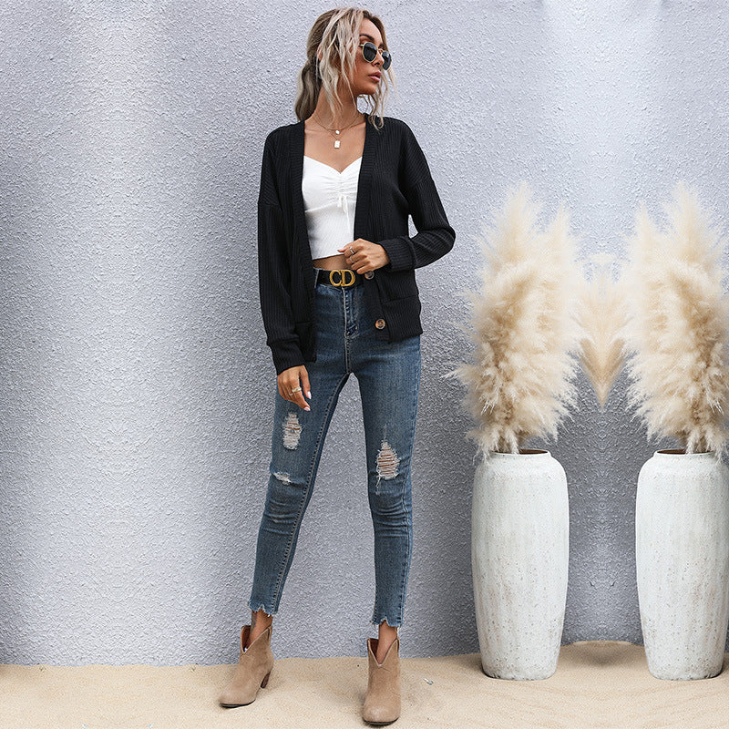 Women's Open Fine Knit Cardigan with Rib Structure, Button Placket and Loose Fit Mune Fashion