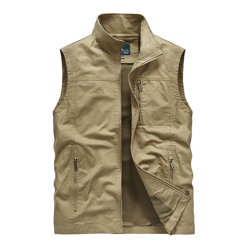 Men's sleeveless lightweight canvas utility vest with breathable mesh lining, wind-resistant front, and multiple zippered pockets Mune Fashion
