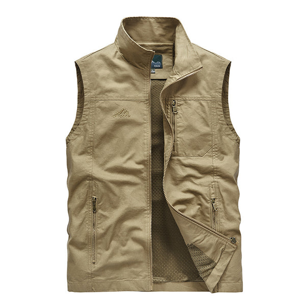 Men's sleeveless lightweight canvas utility vest with breathable mesh lining, wind-resistant front, and multiple zippered pockets Mune Fashion