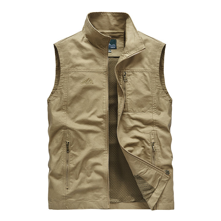 Men's sleeveless lightweight canvas utility vest with breathable mesh lining, wind-resistant front, and multiple zippered pockets Mune Fashion