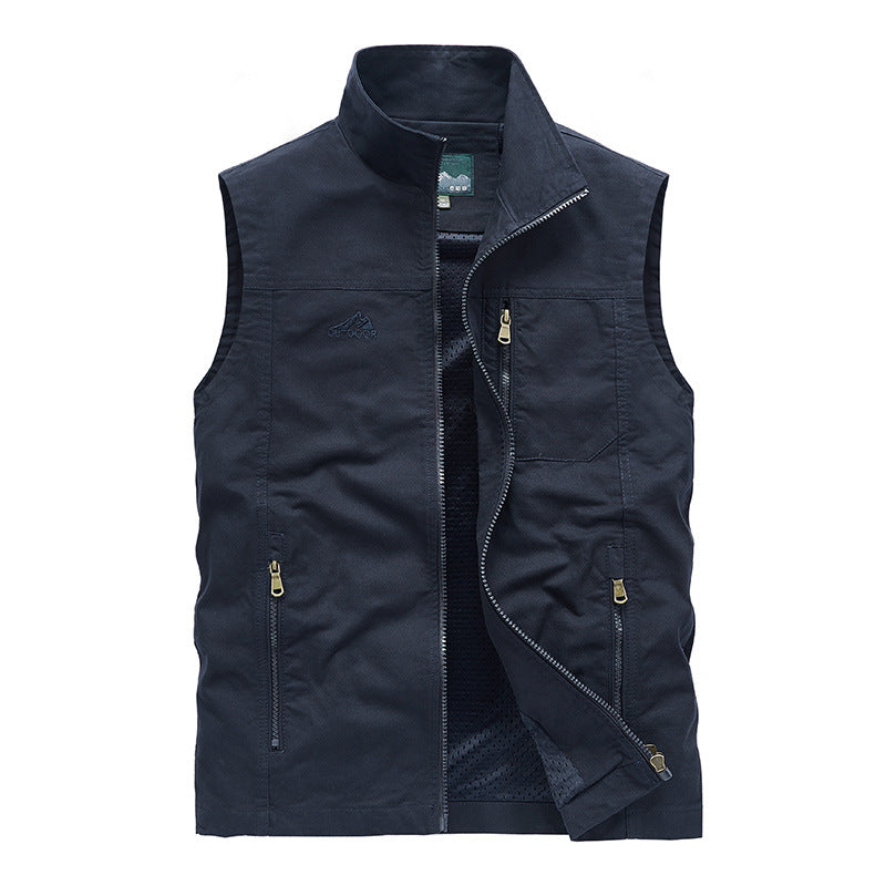 Men's sleeveless lightweight canvas utility vest with breathable mesh lining, wind-resistant front, and multiple zippered pockets Mune Fashion