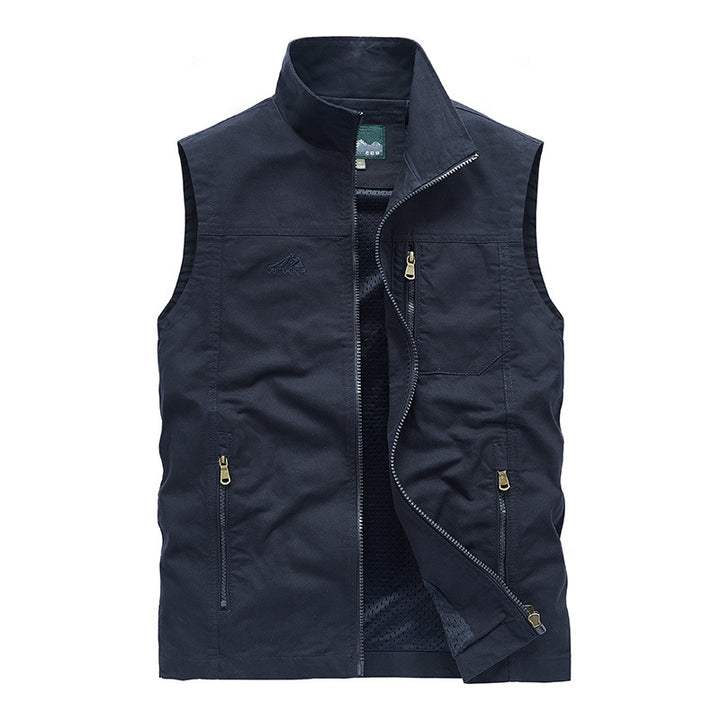 Men's sleeveless lightweight canvas utility vest with breathable mesh lining, wind-resistant front, and multiple zippered pockets Mune Fashion