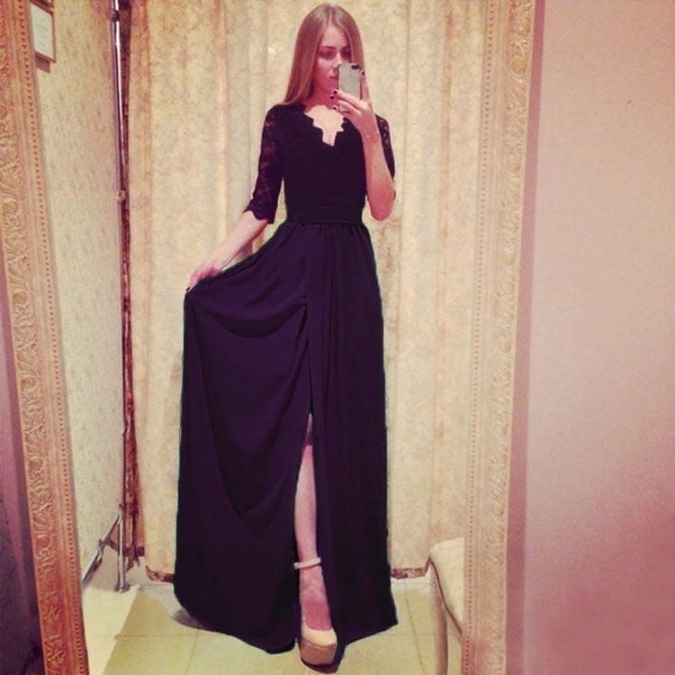 Women Two-Piece Evening Dress with Lace Corset, V-Neck & Maxi Skirt with High Slit Mune Fashion