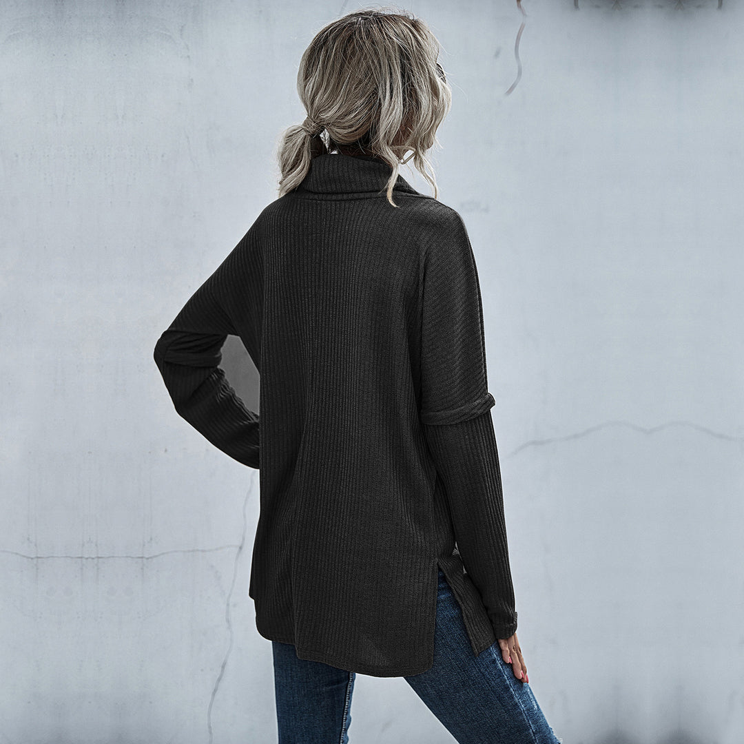 Women's Ribbed Fine Knit Long Sleeve with Roll Neck, Side Slits and Extended Back Mune Fashion