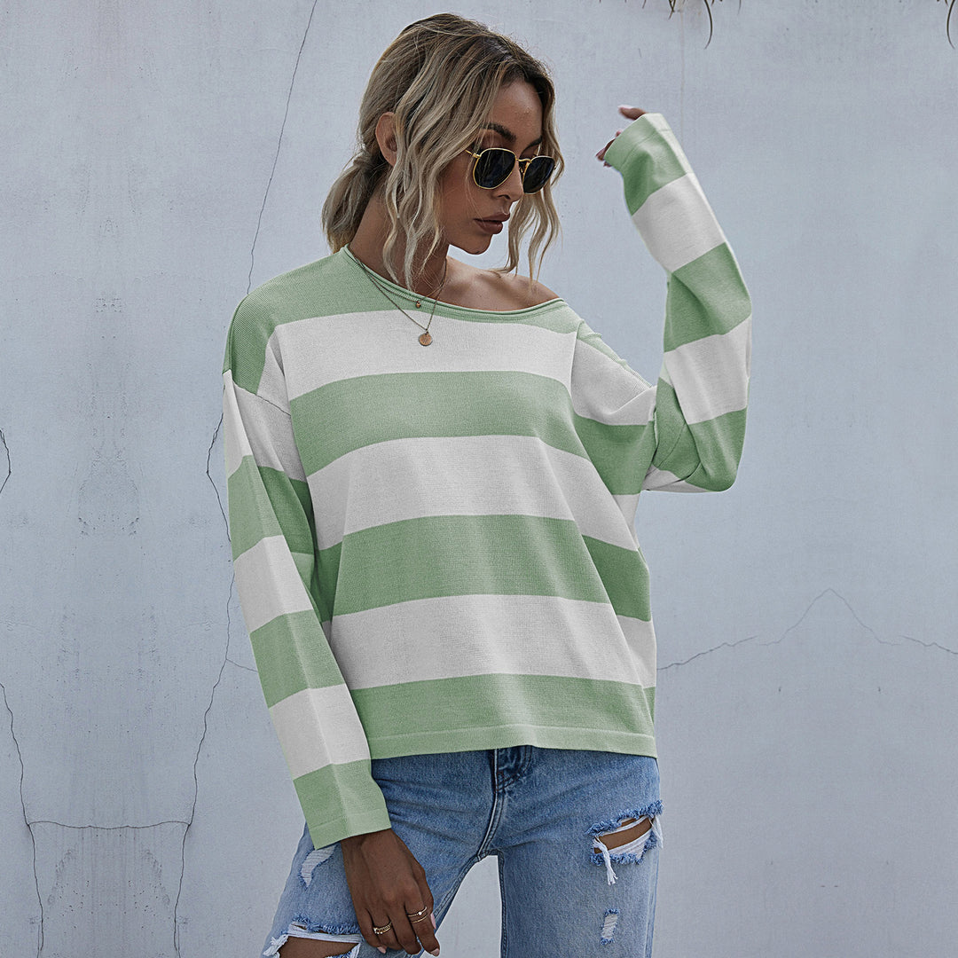 Women Loose Striped Sweater with Bardot Neckline and Oversized Cut Mune Fashion