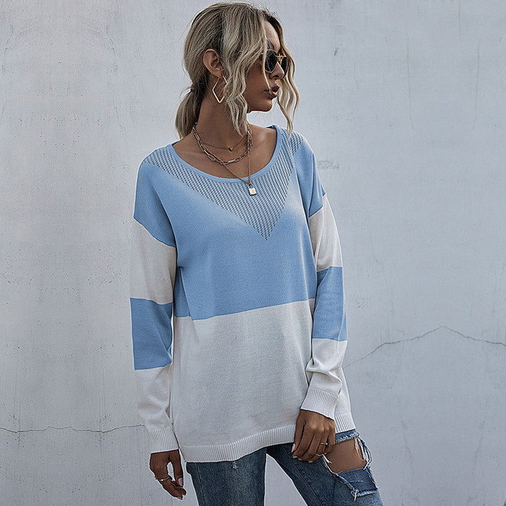 Women's Casual Knitted Sweater with V-Neck and Color Block Mune Fashion