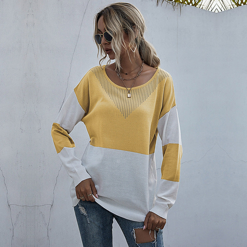 Women's Casual Knitted Sweater with V-Neck and Color Block Mune Fashion