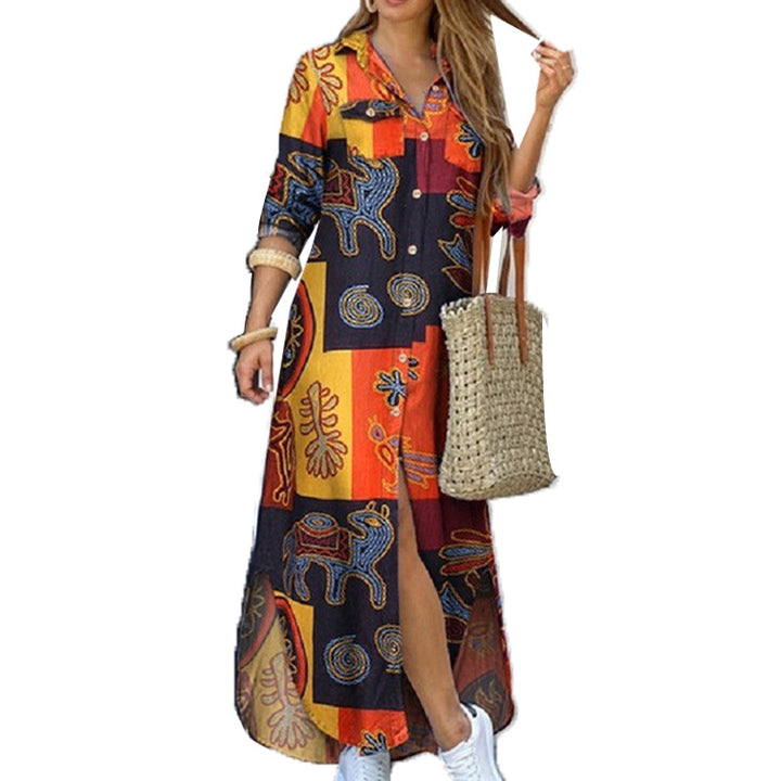 Ladies long shirt dress with floral pattern and side slit Mune Fashion