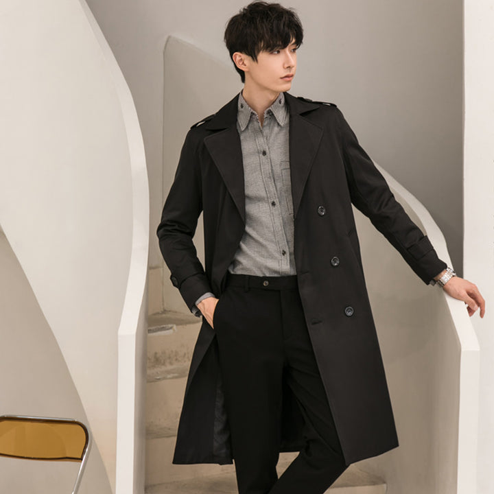 Men's Elegant Knee-Length Trench Coat Made of Lightweight Functional Fabric with Waist Belt Mune Fashion