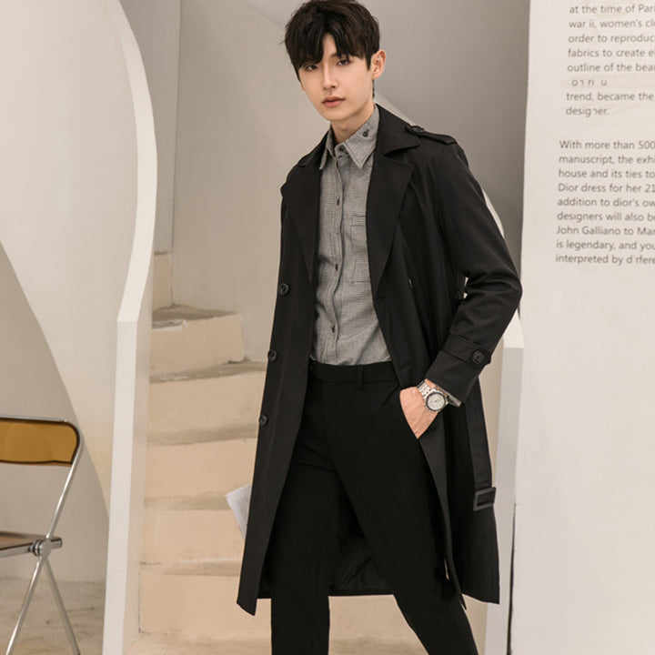 Men's Elegant Knee-Length Trench Coat Made of Lightweight Functional Fabric with Waist Belt Mune Fashion