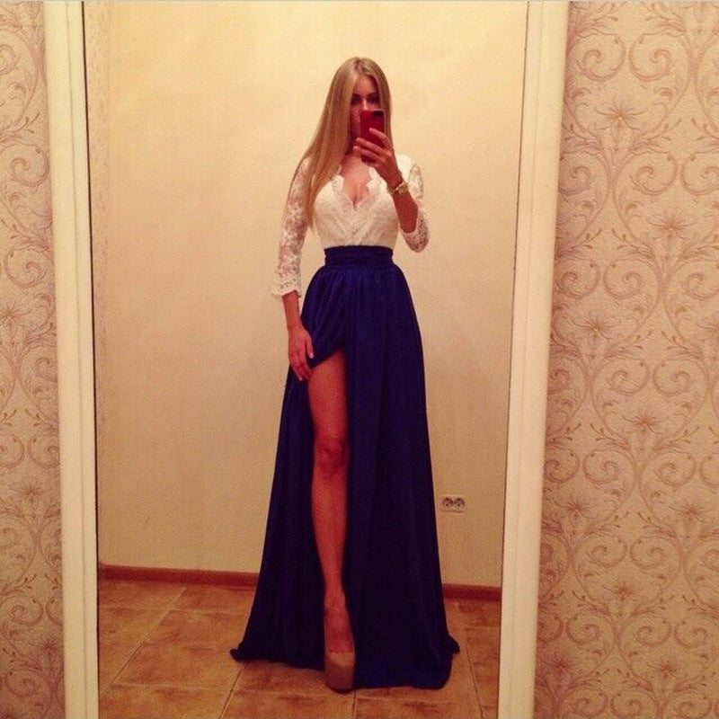 Women Two-Piece Evening Dress with Lace Corset, V-Neck & Maxi Skirt with High Slit Mune Fashion