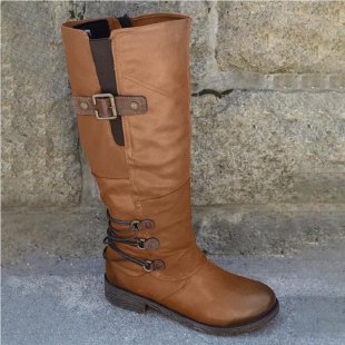 Women's knee-high boots in leather look with adjustable decorative straps and profile rubber sole Mune Fashion