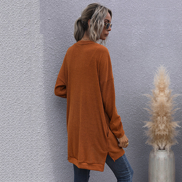 Women's Longline Ribbed Cardigan with Button Placket, Side Pockets and Oversized Silhouette Mune Fashion