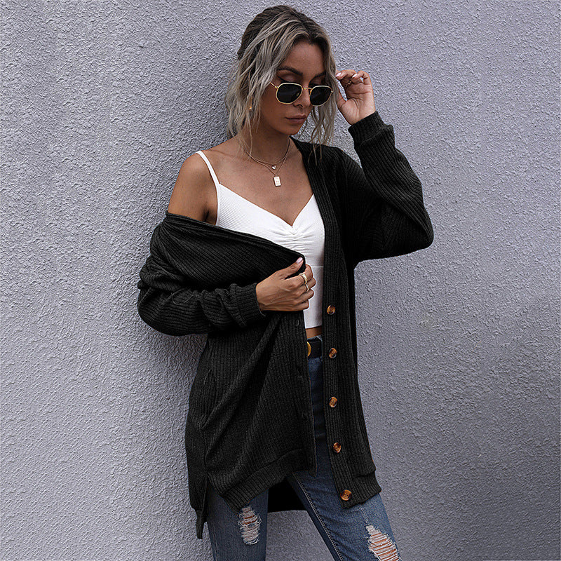 Women's Longline Ribbed Cardigan with Button Placket, Side Pockets and Oversized Silhouette Mune Fashion