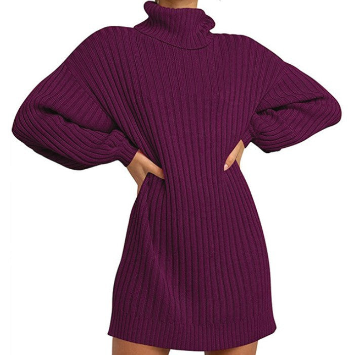 Women Ribbed Turtleneck Mini Dress with Oversized Silhouette and Balloon Sleeves Mune Fashion