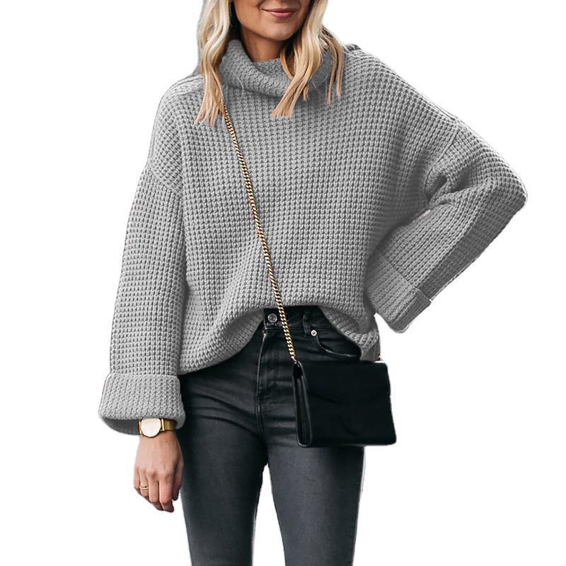 Ladies chunky knit turtleneck sweater with wide oversized cut and folded sleeves Mune Fashion