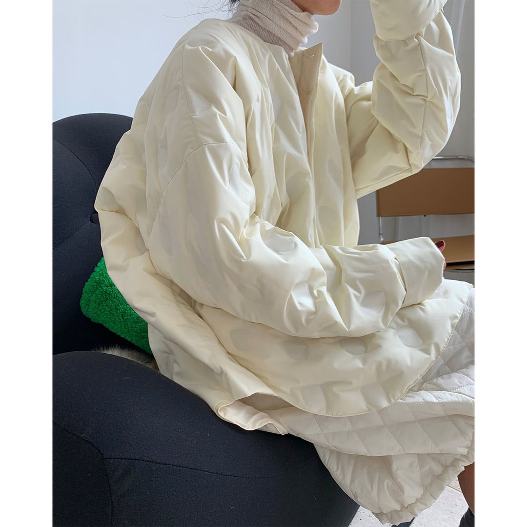 Women’s Oversized Quilted Jacket Without Collar with Round Neckline and Light Padding Mune Fashion