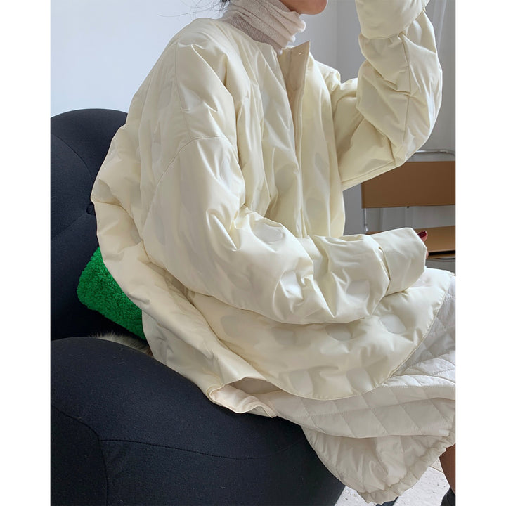 Women’s Oversized Quilted Jacket Without Collar with Round Neckline and Light Padding Mune Fashion