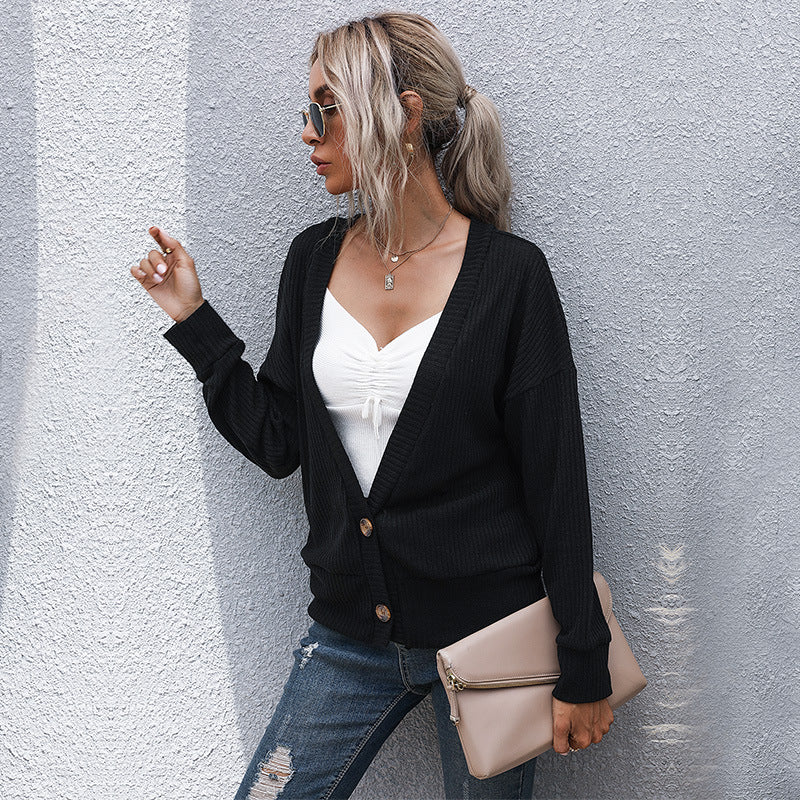Women's Open Fine Knit Cardigan with Rib Structure, Button Placket and Loose Fit Mune Fashion