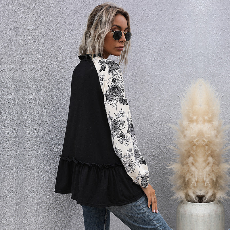 Women's viscose long blouse with V-neck, ruffled waist and contrasting raglan sleeves Mune Fashion