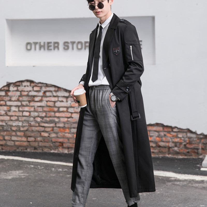 Men's Long Tailored Trench Coat Jacket with Zip Arm Pocket, Wind and Water Resistant Mune Fashion
