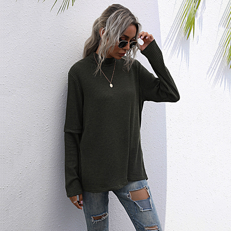 Women Oversize Waffle Knit Sweater with Stand-up Collar and Extended Sleeves Mune Fashion