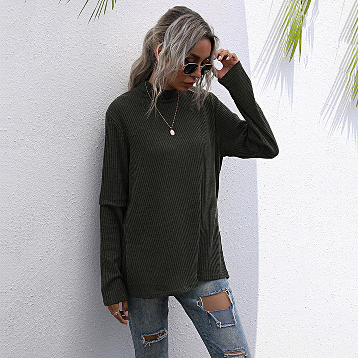 Women Oversize Waffle Knit Sweater with Stand-up Collar and Extended Sleeves Mune Fashion
