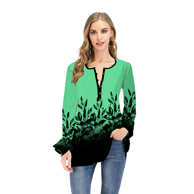 Women's Loose Long Sleeve Tunic Shirt with Henley Button Placket and Floral Ombre Print Mune Fashion